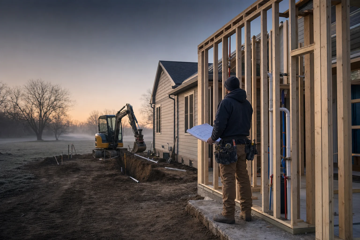 Representative residential addition with plumbing rough-in, excavation, and a contractor reviewing plans