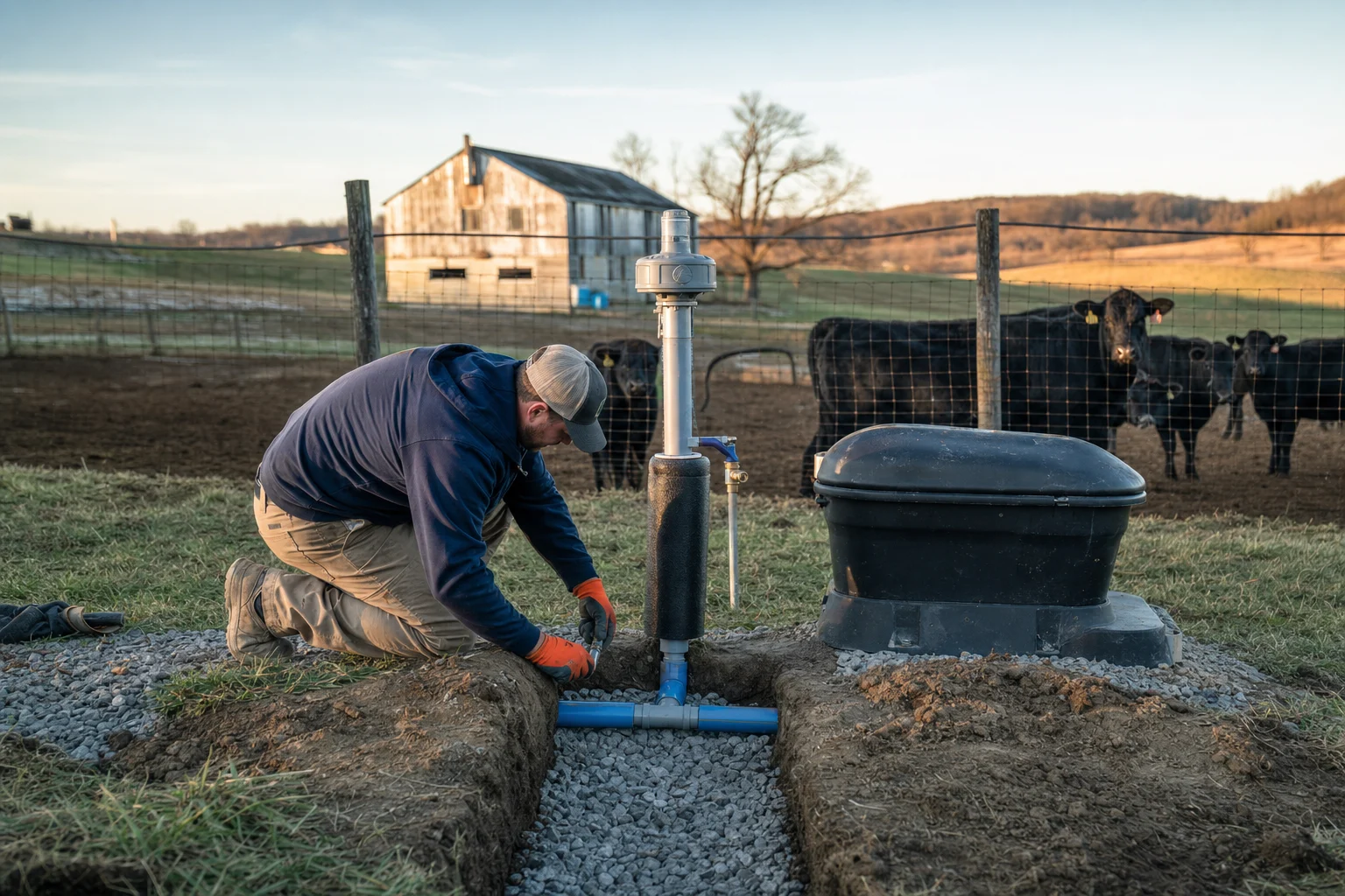 Illustrative photograph of waterer and yard hydrant work on a rural property