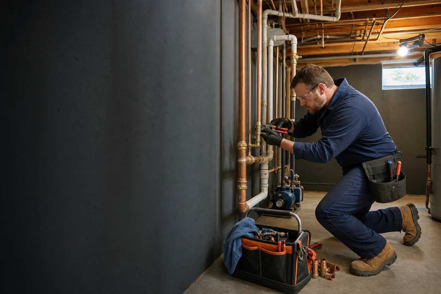 Illustrative photograph of plumbing repair in a basement utility area
