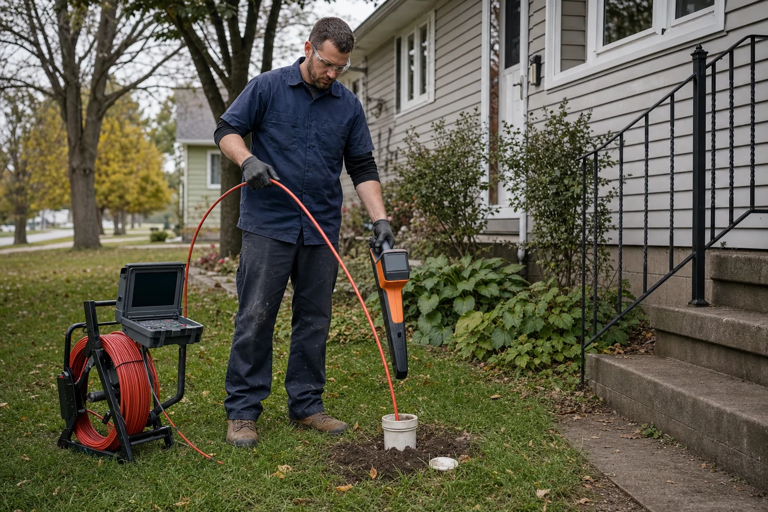 Illustrative photograph of a technician using sewer camera and locating equipment